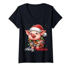 Damen Schwein Frohe Weihnachten Lichter Nikolausmütze Xmas Schnee T-Shirt mit V-Ausschnitt von Wrapped with Christmas Lights Merry Christmas