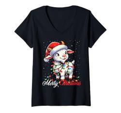 Damen Weihnachtsmütze mit Ziegenmotiv, Weihnachtsmotiv, Weihnachtsmotiv T-Shirt mit V-Ausschnitt von Wrapped with Christmas Lights Merry Christmas