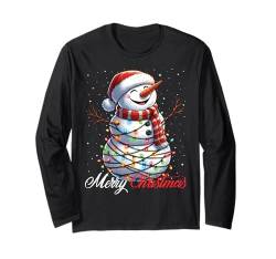 Schneemann Frohe Weihnachten Lichter Nikolausmütze Xmas Schnee Langarmshirt von Wrapped with Christmas Lights Merry Christmas