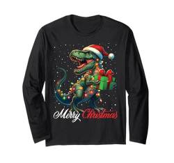 T Rex Dinosaurier Merry Christmas Lights Santa Hat Xmas Snow Langarmshirt von Wrapped with Christmas Lights Merry Christmas