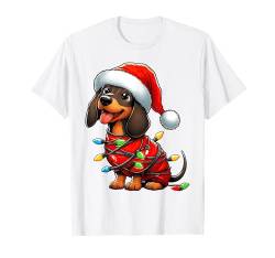 Dackel Hund Weihnachtsbeleuchtung Weihnachtsmannmütze Jungen Mädchen T-Shirt von Wrapped with Christmas Lights