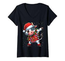 Damen Dabbing Kuh Weihnachtsbeleuchtung Nikolausmütze Xmas Schnee T-Shirt mit V-Ausschnitt von Wrapped with Christmas Lights