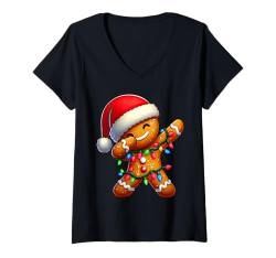 Damen Dabbing Lebkuchen-Weihnachtsbeleuchtung Weihnachtsmannmütze Xmas Party T-Shirt mit V-Ausschnitt von Wrapped with Christmas Lights