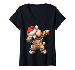 Damen Dabbing Pudel Weihnachtsbeleuchtung Nikolausmütze Jungen Mädchen T-Shirt mit V-Ausschnitt von Wrapped with Christmas Lights