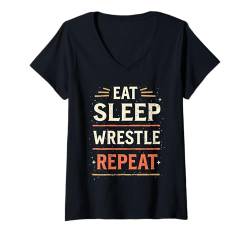 Damen Eat Sleep Wrestle Repeat Outfit Wrestling Ring Wrestler Mask T-Shirt mit V-Ausschnitt von Wrestling Figur Kostüm Merch Design Wrestler Maske