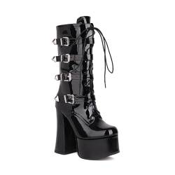 Wsbjbo 15CM Damen Lackleder Dick Heeled Dicker Boden Mid-Boots Gürtel Schnalle Ritter Stiefel,Schwarz,43 EU von Wsbjbo