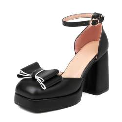 Wsbjbo 8CM Frauen Bowknot High Heels Geschlossene Zehe Dicke Unterseite Retro Formale High Heels,Schwarz,41 EU von Wsbjbo