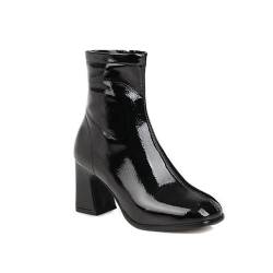 Wsbjbo 8CM Frauen Square Toe Mid-Tube Ankle Boots Lackleder High Heel Chunky Heel Side Zipper Stiefeletten,Schwarz,39 EU von Wsbjbo