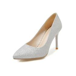 Wsbjbo 9CM Pailletten Stiletto Heels Frauen Geschlossen Spitz High Heels Slip auf Sexy Mode Hochzeit Schuhe,Silber,36 EU von Wsbjbo