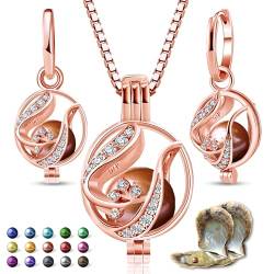 Wunschperlen Floral Set mit echten Perlen in Auster zum Öffnen, Roségold Kette und Ohrringe mit 2x Natürlicher + 1x Bunter Perlenfarbe von Wunschperlen