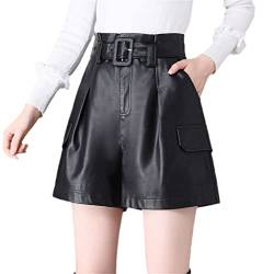 Wvapzxx Damen-Shorts, Schwarz, schmale Tasche, gerade Echtleder-Shorts, hohe Taille, einfarbig, kurze Hose, Schwarz , XL von Wvapzxx