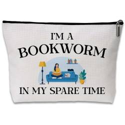 Wybgno Kosmetiktasche mit Aufschrift "I'm a Bookworm In My Spare Time", lustige Kosmetiktasche, Geschenk für Leser, Weiss/opulenter Garten von Wybgno