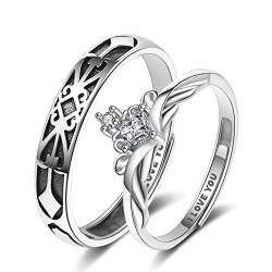 Wycian Ehering, Mond Ring 2 Stück 6mm Edelstahl Silber Schwarz Prinzessin und Ritter für Paare Herren Damen Valentinstag Größe Verstellbar von Wycian