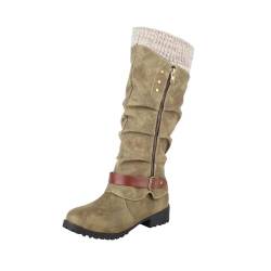 Wyongtao Damen Hohe Stiefel Winter Schuhe Warme Leder Reitstiefel Niedrige mit Absatz Komfort Beiläufige Schnalle Langschaft Kniehohe Stiefel von Wyongtao