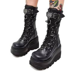 XBKOJBA Damen Goth Punk Plateau Stiefel Chunky Heel Arbeit Combat Boots Mode Schnürstiefel Runde Zehe Mid Calf Motorradstiefel, Schwarz, 9 von XBKOJBA