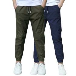 XCXC 2er-Pack Jogginghose Jungen Baumwoll-Leinen Hose Kinder Locker geschnittene Freizeithose mit Kordelzug und elastischen Bündchen Trainingshose Cargohose Miederhose Outdoor Hose von XCXC