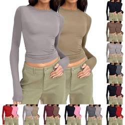 XCXC 2er Pack Langarmshirt Damen Klassischer Basic Langarm Shirt Crop Tops Frauen Rundhals Slim Fit Blusen Oberteile Sweatshirt Casual Longsleeve Tee Shirt von XCXC