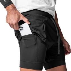 XDSP Herren Sport Shorts Kurze Hose Schnell Trocknend Sporthose 2 in 1 Shorts Sommer Schnelltrocknende Laufshorts Reißverschlusstaschen Fitness Laufhose Atmungsaktive Leichte Sporthose 4-Way-Stretch von XDSP