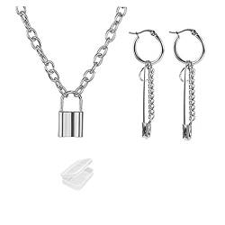 XHBTS Unisex Lock Choker und Sicherheitsnadel Ohrring Edelstahl Punk Hip Hop Rock Gothic Style Kpop Ohrringe für Männer Frauen Teen mit Mini-Stoff und Mini-Box von XHBTS