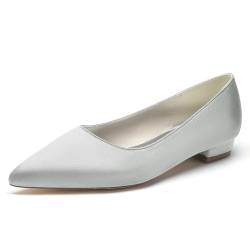 XHLZAAUE Brautschuhe Damen Geschlossene Ballerinas Hochzeit Flache Schuhe Klassische Spitzschuh Slip auf Walkingschuhe,Silber,36 EU von XHLZAAUE