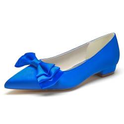 XHLZAAUE Brautschuhe Damen Geschlossene Ballerinas Slip auf Halbschuhe Satin Flache Schuhe mit Fliege,Blau,36 EU von XHLZAAUE