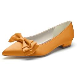 XHLZAAUE Brautschuhe Damen Geschlossene Ballerinas Slip auf Halbschuhe Satin Flache Schuhe mit Fliege,Orange,38 EU von XHLZAAUE