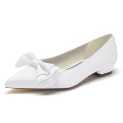 XHLZAAUE Brautschuhe Damen Geschlossene Ballerinas Slip auf Halbschuhe Satin Flache Schuhe mit Fliege,Weiß,35 EU von XHLZAAUE