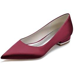 XHLZAAUE Brautschuhe Damen Weiße Satin Spitzschuh Niedriger Absatz Slip Auf Hochzeit Flache Schuhe,Burgundy,38 EU von XHLZAAUE