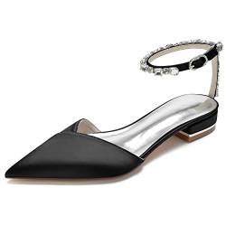 XHLZAAUE Damen Geschlossene Zehen Ballerinas Satin Knöchelriemen Hochzeit Flache Schuhe,Schwarz,39 EU von XHLZAAUE