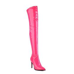 XHLZAAUE Damen Klassische Lackleder Overknee Stiefel mit Reißverschluss Spitze Zehen Langschaft Stiefel mit Pfennigabsatz,Fuchsia,39 EU von XHLZAAUE