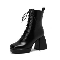 XHLZAAUE Damen Plateau Schnürstiefel Mode Blockabsatz Combat Stiefel mit Reißverschluss Winterstiefel,Schwarz,40 EU von XHLZAAUE