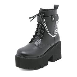 XHLZAAUE Damen Schwarz Plateau Stiefeletten mit Schnallen Runder Zeh Reißverschluss Motorrad Kampfstiefel mit Kette,Schwarz,41 EU von XHLZAAUE