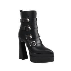 XHLZAAUE Damen Spitze Zehen Stiefel Blockabsatz Plateau Stiefeletten Combat Stiefel mit Reißverschluss und Schnalle,Schwarz,39 EU von XHLZAAUE