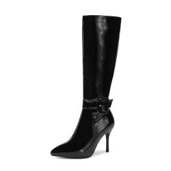 XHLZAAUE Damen Spitzschuh Kniehohe Stiefel Klassische Reitstiefel Lange Schlauchstiefel mit Reißverschluss und Schnalle,Schwarz,41 EU von XHLZAAUE