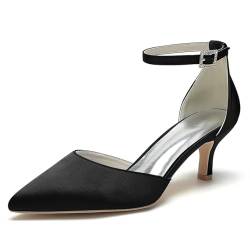 XHLZAAUE Damen Spitzschuh Knöchelriemen Satin Hochzeitsschuhe Brautschuhe Kätzchenabsatz 6CM,Schwarz,37 EU von XHLZAAUE