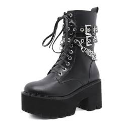 XHLZAAUE Damen Stiefeletten Gothic Plateau Schnürstiefel mit Schnallen Dicker Absatz Motorradstiefel mit Kette,Schwarz,42 EU von XHLZAAUE