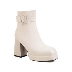 XHLZAAUE Damen Stiefeletten Quadratische Zehe Blockabsatz Chelsea Kurze Stiefel Con Reißverschluss und Schnalle,Beige,47 EU von XHLZAAUE