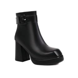 XHLZAAUE Damen Stiefeletten Quadratische Zehe Blockabsatz Chelsea Kurze Stiefel Con Reißverschluss und Schnalle,Schwarz,40 EU von XHLZAAUE