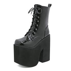 XHLZAAUE Damen Wasserdicht Lackleder Stiefeletten Klassische Schnürer Plateau Stiefel Gothic Motorradstiefel mit Reißverschluss,Schwarz,36 EU von XHLZAAUE