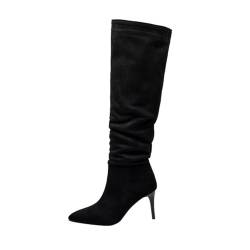 XHLZAAUE Damen mit Absatz Elegant Wildleder Halbstiefel Spitze Zehen Stiefel Bequemer Schlupfschuhe Winterstiefel,Schwarz,43 EU von XHLZAAUE