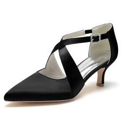 XHLZAAUE Elfenbein Hochzeitsschuhe Brautschuhe Damen Kreuz Riemchen Kätzchenabsatz Pumpen Abendschuhe,Schwarz,42 EU von XHLZAAUE