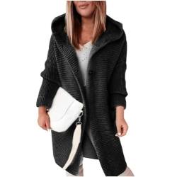 XIADUOBAAN Strickjacke Damen Lang Mit Kapuze Strickjacken für Damen Langarm Mit Knöpfen Mode Strick Cardigan Casual Sweatjacke Damen Einfarbig Strickmantel Herbst Elegant Winterjacke Damen Outdoor von XIADUOBAAN