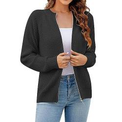 XIADUOBAAN Strickjacken Für Damen Kurz Mit Reissverschluss Grobstrick Cardigan Damen Langarm Elegant Strickjacken Damen Einfarbig Strickmantel Damen Winter Warm Locker Winterjacke Damen Casual von XIADUOBAAN