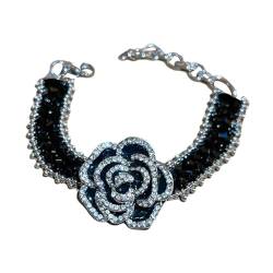 XIAHIOPT Koreanische schwarze Kristall-Strass-Blumen-Halskette, Armband, Armreif, Ohrringe, Armbänder, Schmuck, Wie beschrieben von XIAHIOPT