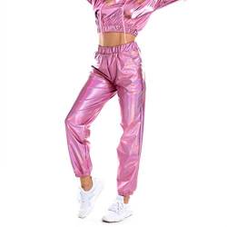 Damen Metallic Glänzed Hose Wetlook Metallic Elastischer Bund Sporthose Locker Freizeit Casual Lang Hose Sweathose Jogginghose Leggins Einfarbig Wet Look Stretch Leggings Tanzhosen Party (Pink-b, XL) von XIAOTUZ