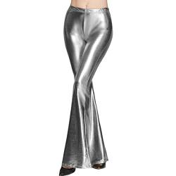 Damen Metallic Leggings glänzende Hose mit hoher Taille Shiny Leggings im Wet Look für Party Tanz Disco Kostüm Karneval Metallic Leggings Glänzend Glitzer Hose High Waist Shiny PU Hosen (Grey-4, S) von XIAOTUZ