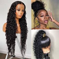 2024 Wig, Curly Lace Front Wig for Black Women 360 Transparent HD Lace Black Curly Wig Pre Plucked Glueless Brazilian Human Hair Deep Wave Wigs with Natural Hairline Baby Hair Around 150% Density,(16 von XIAOYIWIN