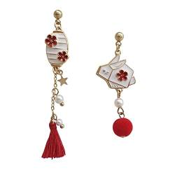 Ohrstecker mit Tiermotiv for Damen – asymmetrische Häschen-Ohrringe, elegante rote Quasten-Ohrringe, Persönlichkeit, klassischer Charme-Schmuck for Damen und Kinder, Geschenk-Accessoire, weiß, wie abg von XIAOYIWIN