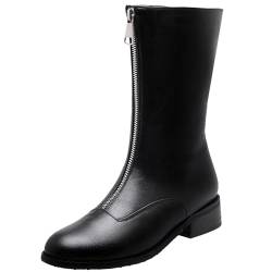 XIEPP Damen Bikerstiefel Mittelhohe Stiefel mit Niedrigem Blockabsatz und Frontreißverschluss von XIEPP