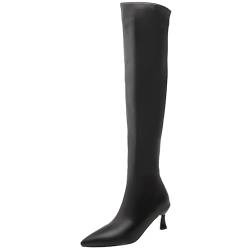 XIEPP Damen Stiefel mit Mittlerem Absatz über dem Knie Lange Stiefel mit Spitzer Zehenpartie und Reißverschluss von XIEPP